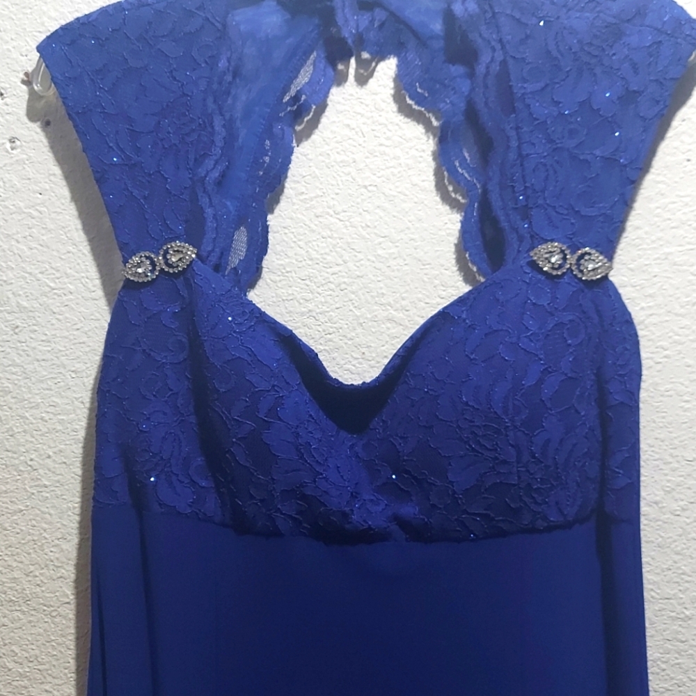 R & M Richards Blue Halter Sleeveless Gown
